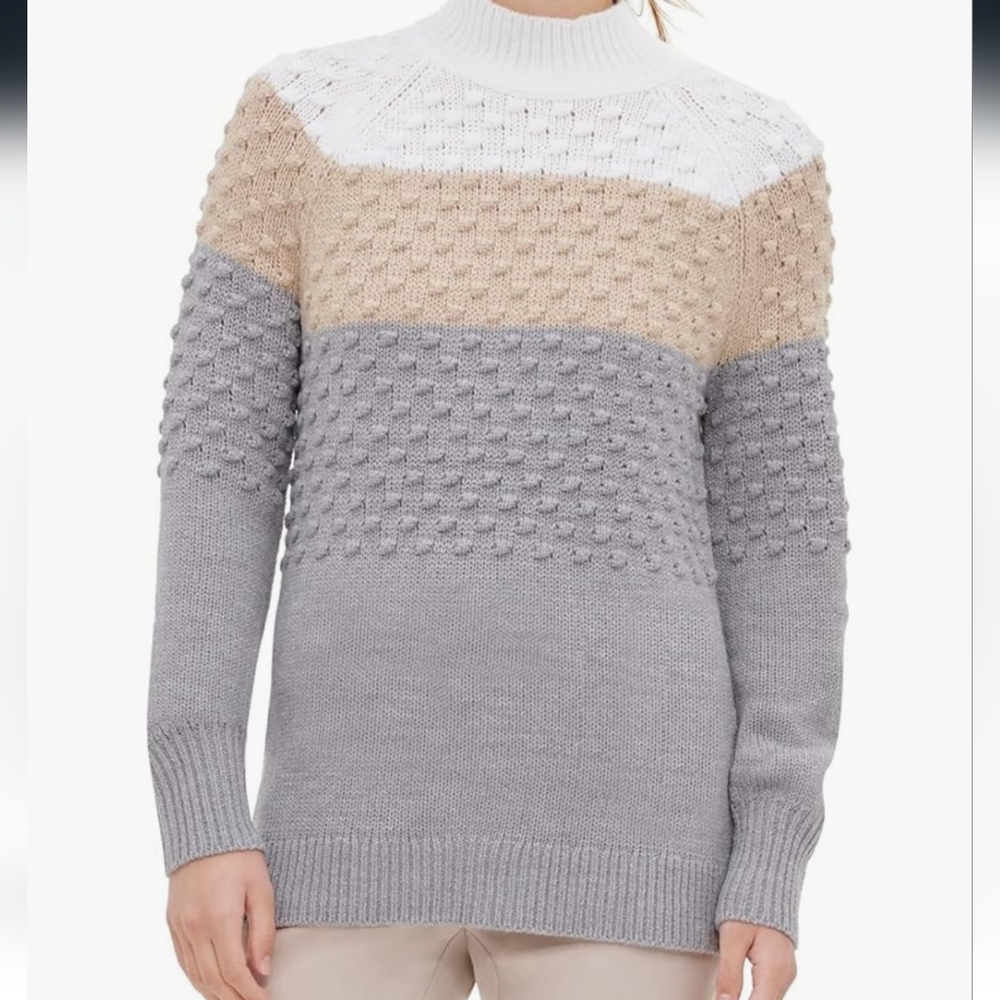 Calvin‎ Klein Colorblocked Popcorn Knit Mock Neck Sweater Gray Large